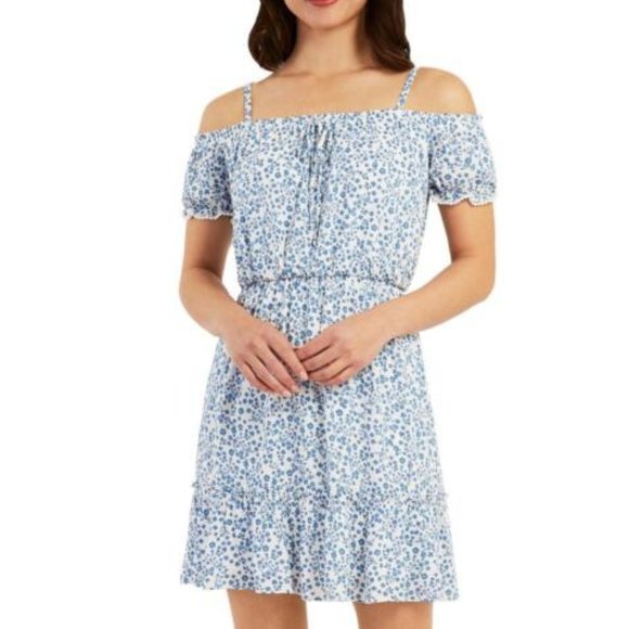 BCX Womens Blue Floral Off-The-Shoulder Mini Fit & Flare Dress - Medium - NWT - Picture 1 of 5